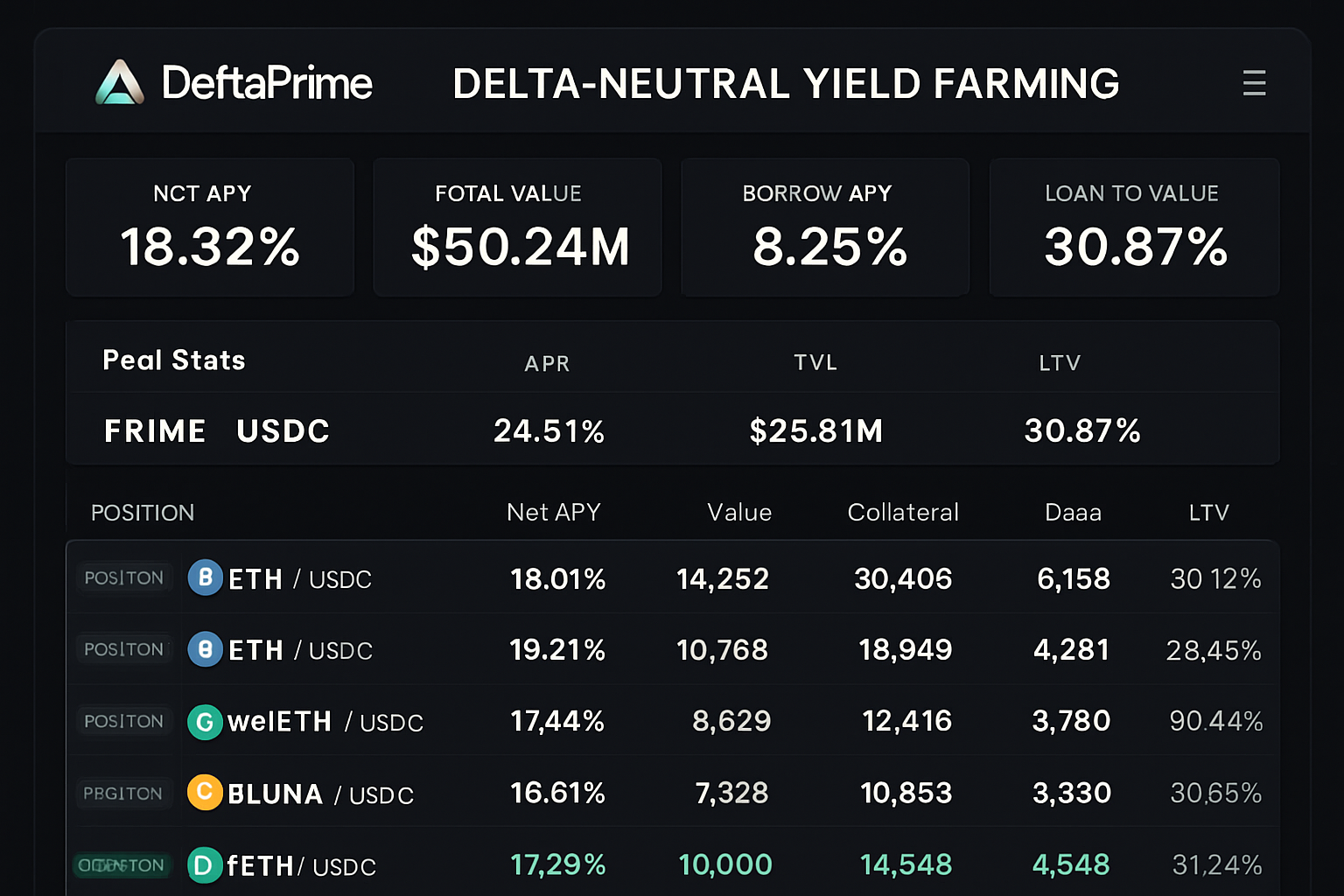 DeltaPrime Sommelier delta-neutral yield farming dashboard screenshot