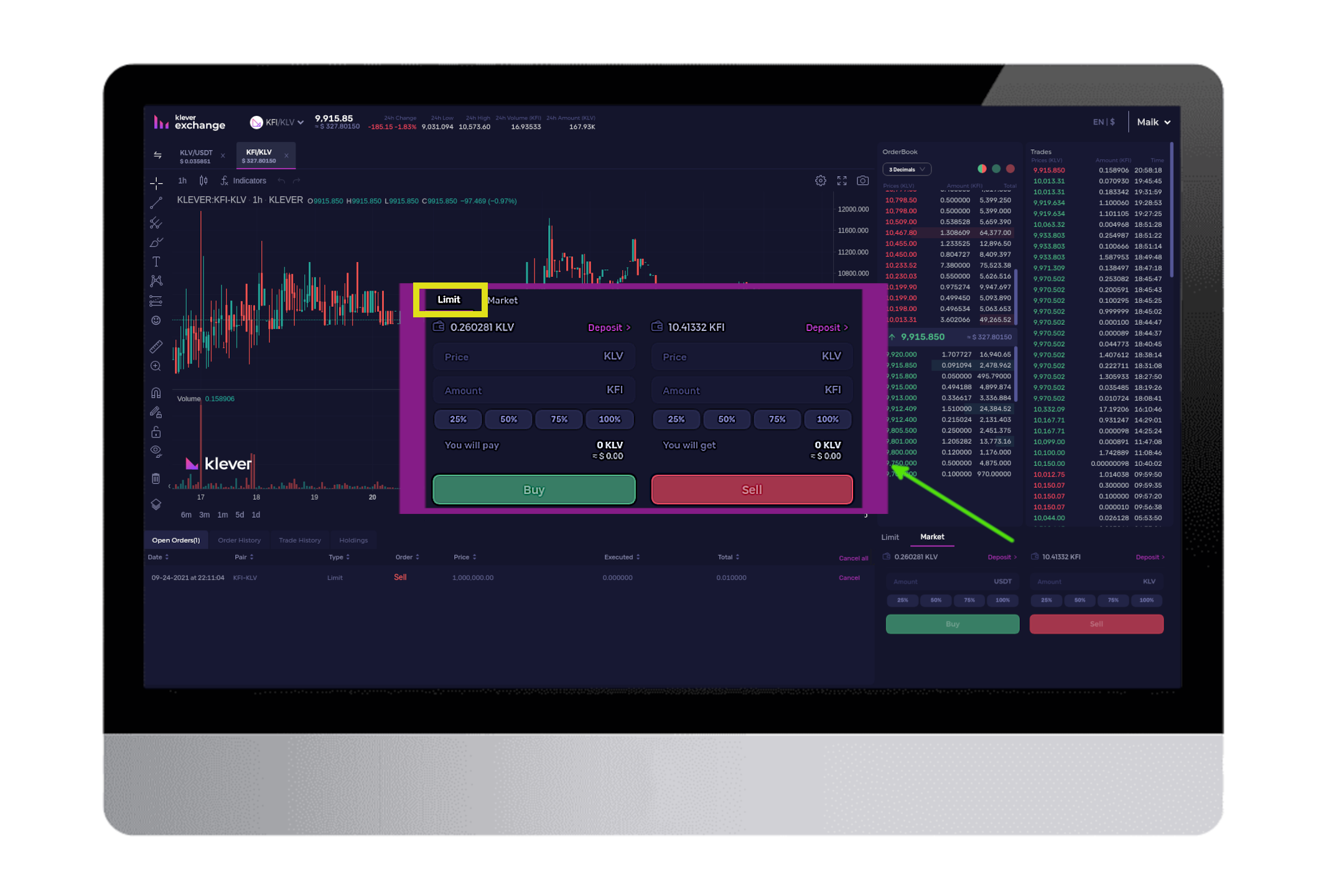 crypto trading limit order interface