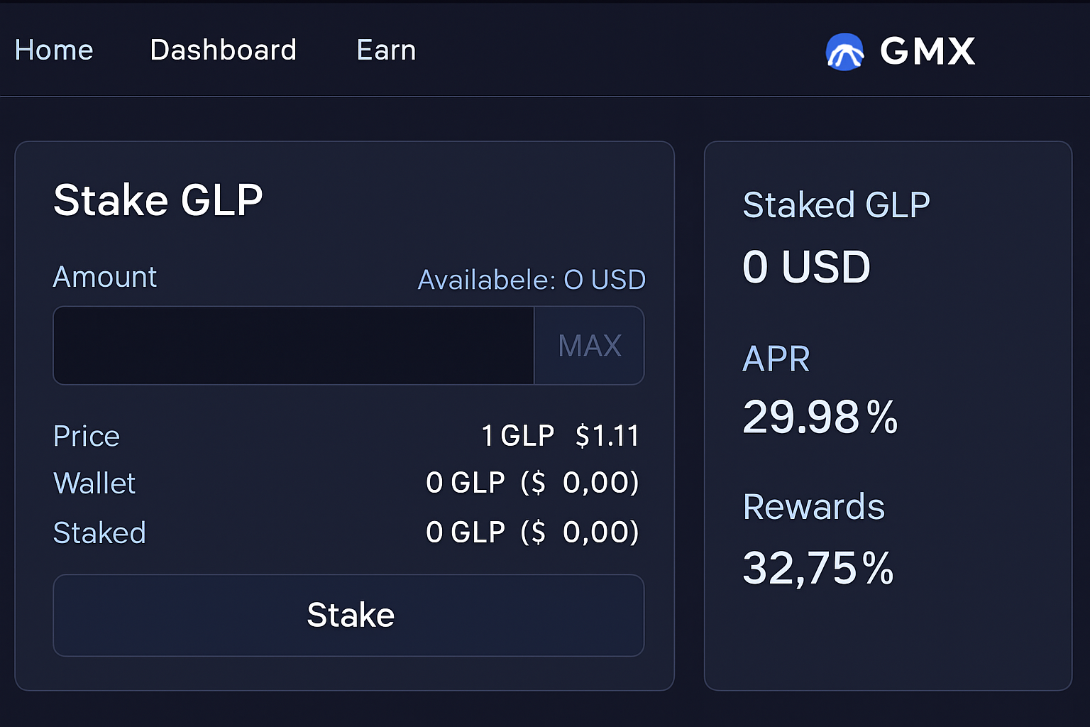 Stake GLP on GMX Arbitrum dashboard screenshot