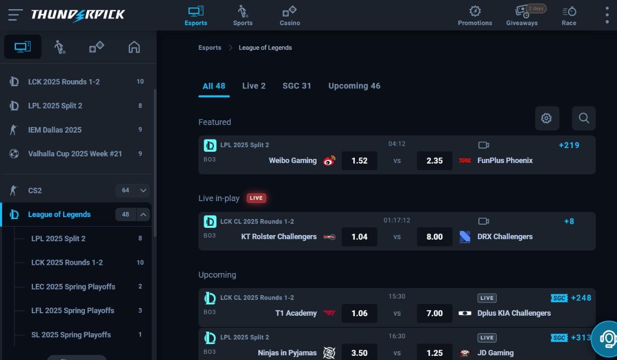 Thunderpick CS2 live betting interface screenshot