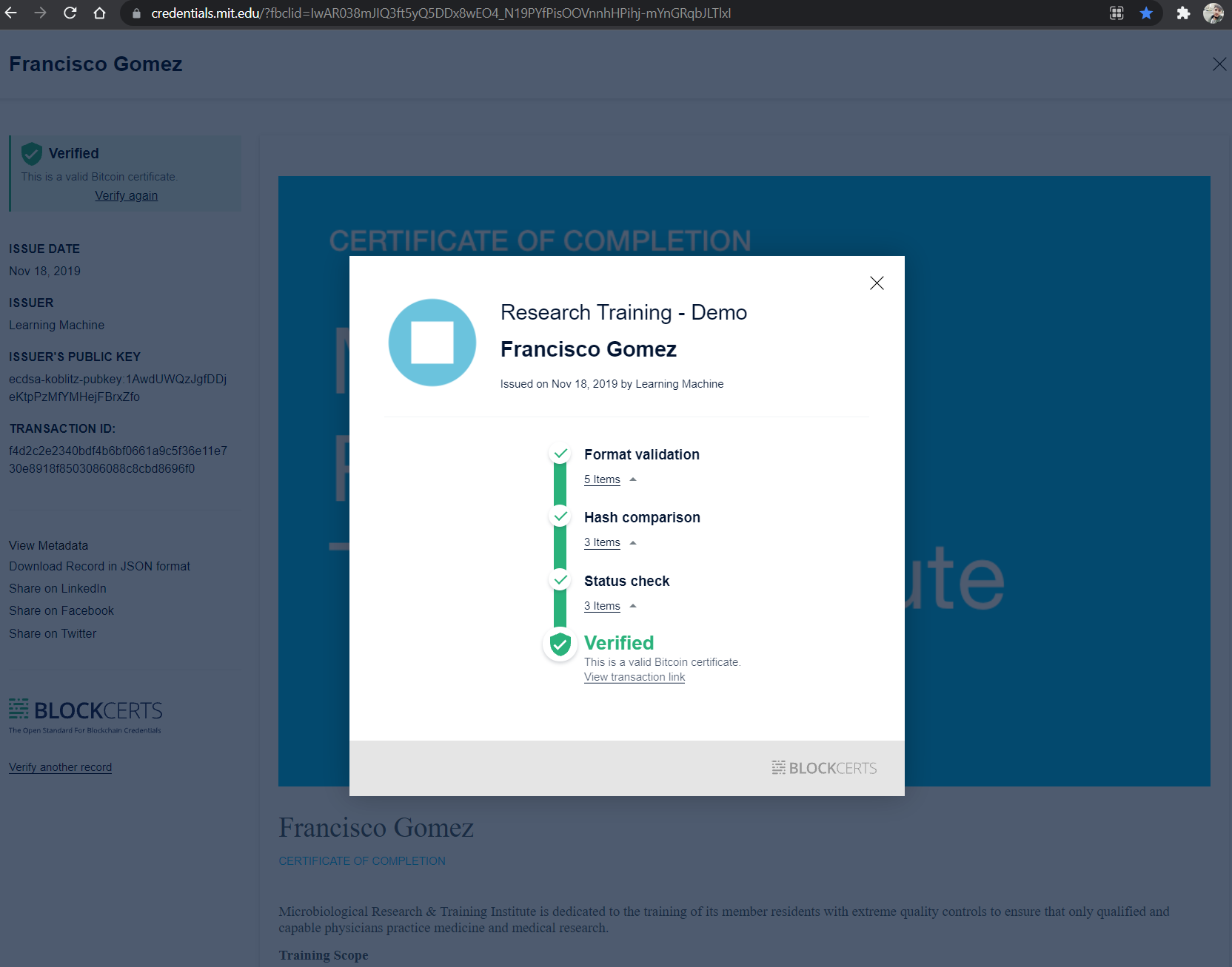 Blockcerts blockchain certification process