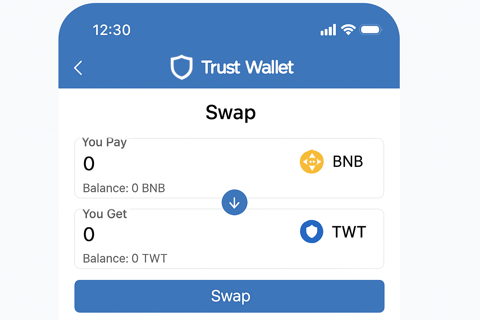 Trust Wallet zero-balance swap screenshot
