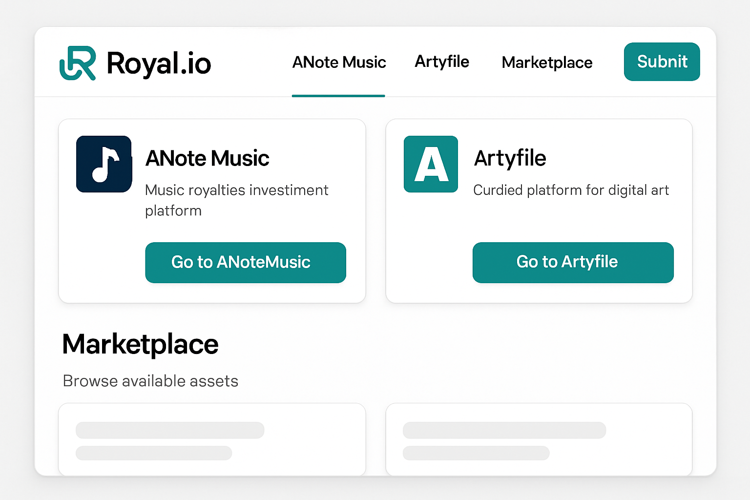 Royal.io ANote Music Artyfile platform interface