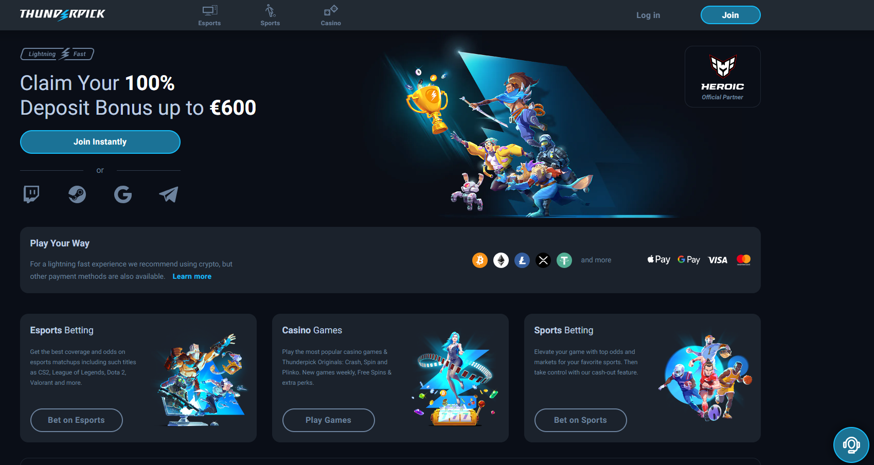 Thunderpick crypto esports betting interface