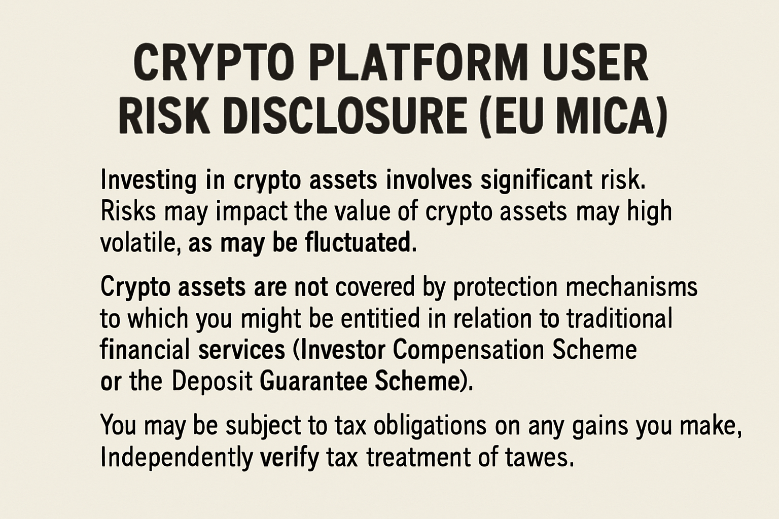 crypto platform user risk disclosure EU MiCA