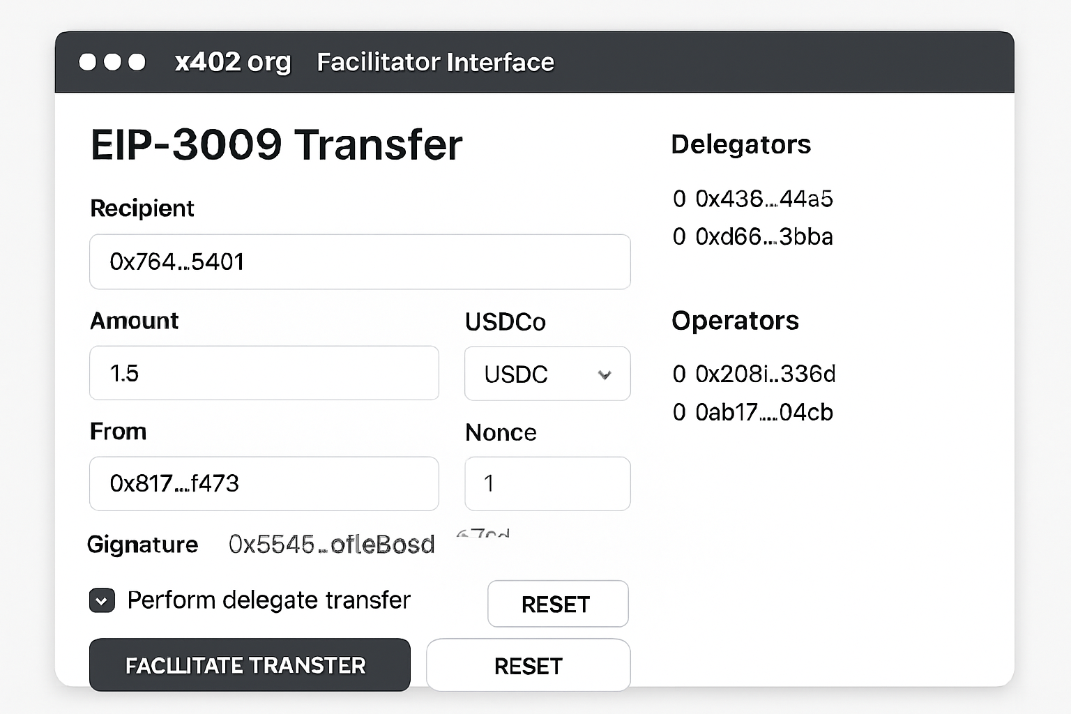 x402.org facilitator interface for EIP-3009 transfers