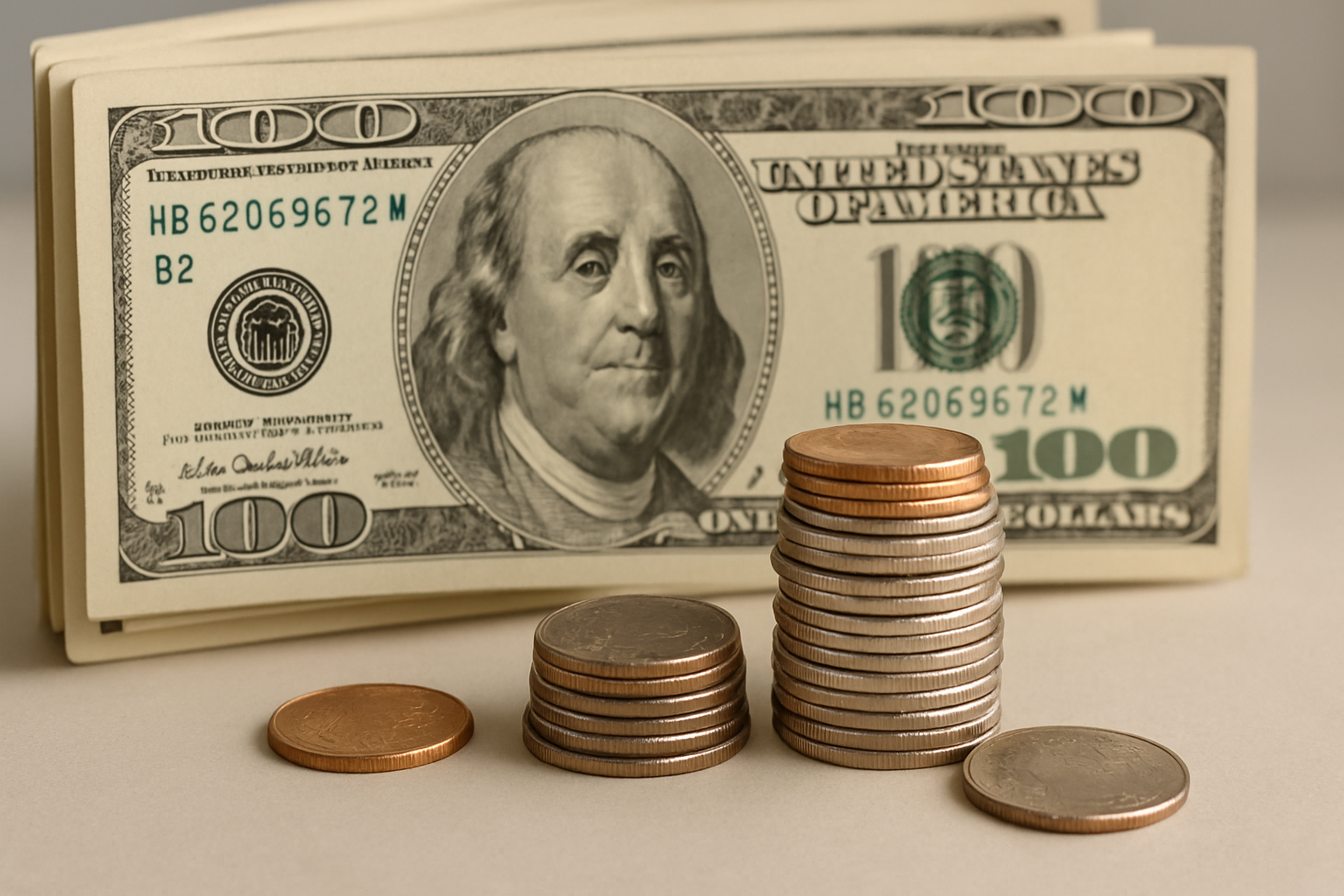 US dollar bills and coins stack