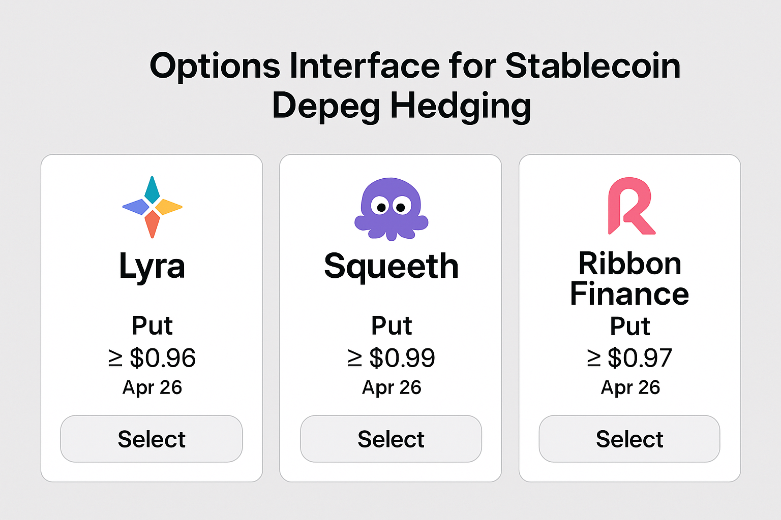 Lyra, Squeeth, Ribbon Finance options interface for stablecoin depeg hedging