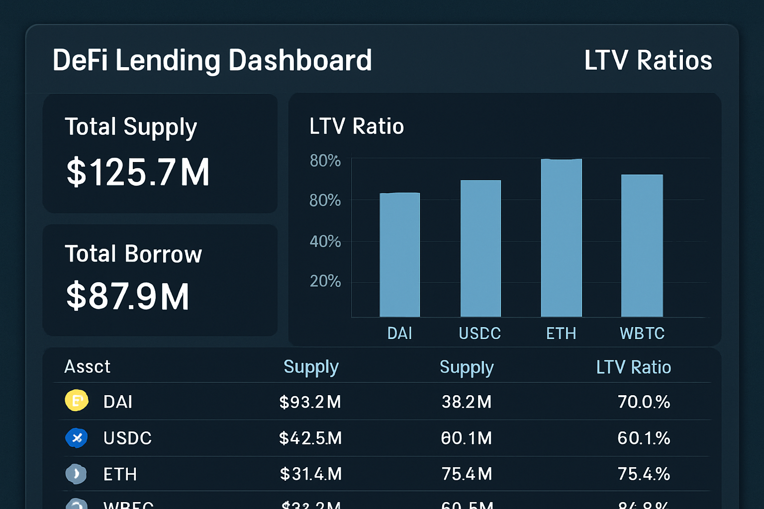 DeFi lending dashboard showing LTV ratios