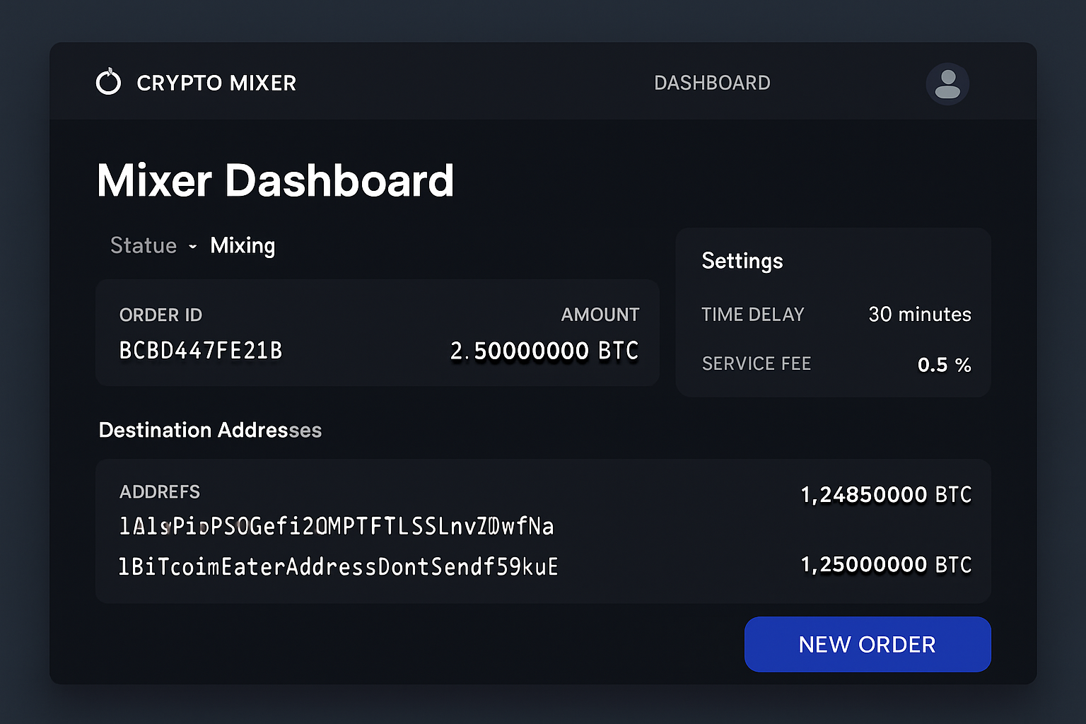 crypto mixer user dashboard screenshot