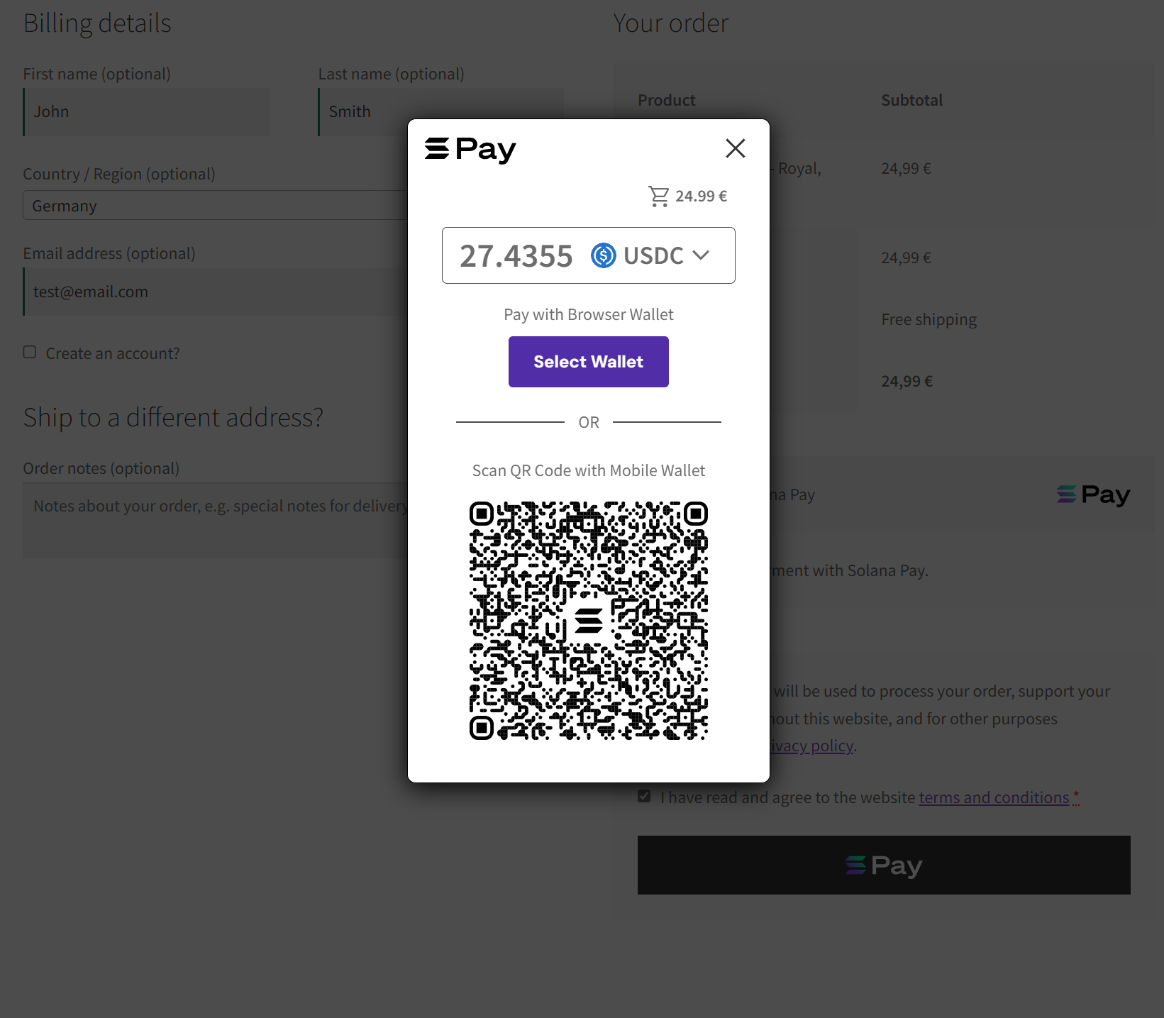 one-click USDC checkout button Solana
