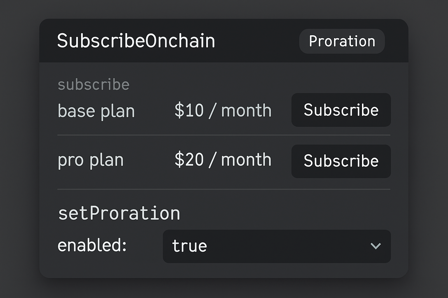 SubscribeOnchain proration smart contract interface