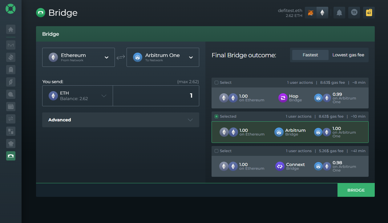 De.Fi Dashboard Arbitrum interface