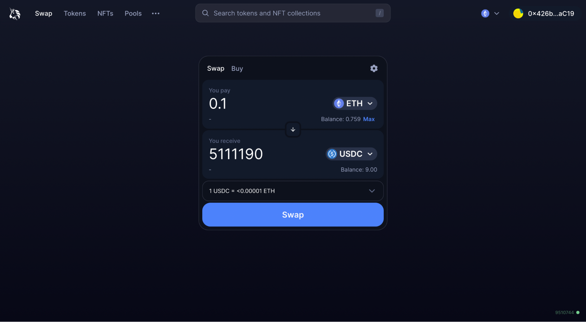 Crypto wallet with ETH and USDC balances