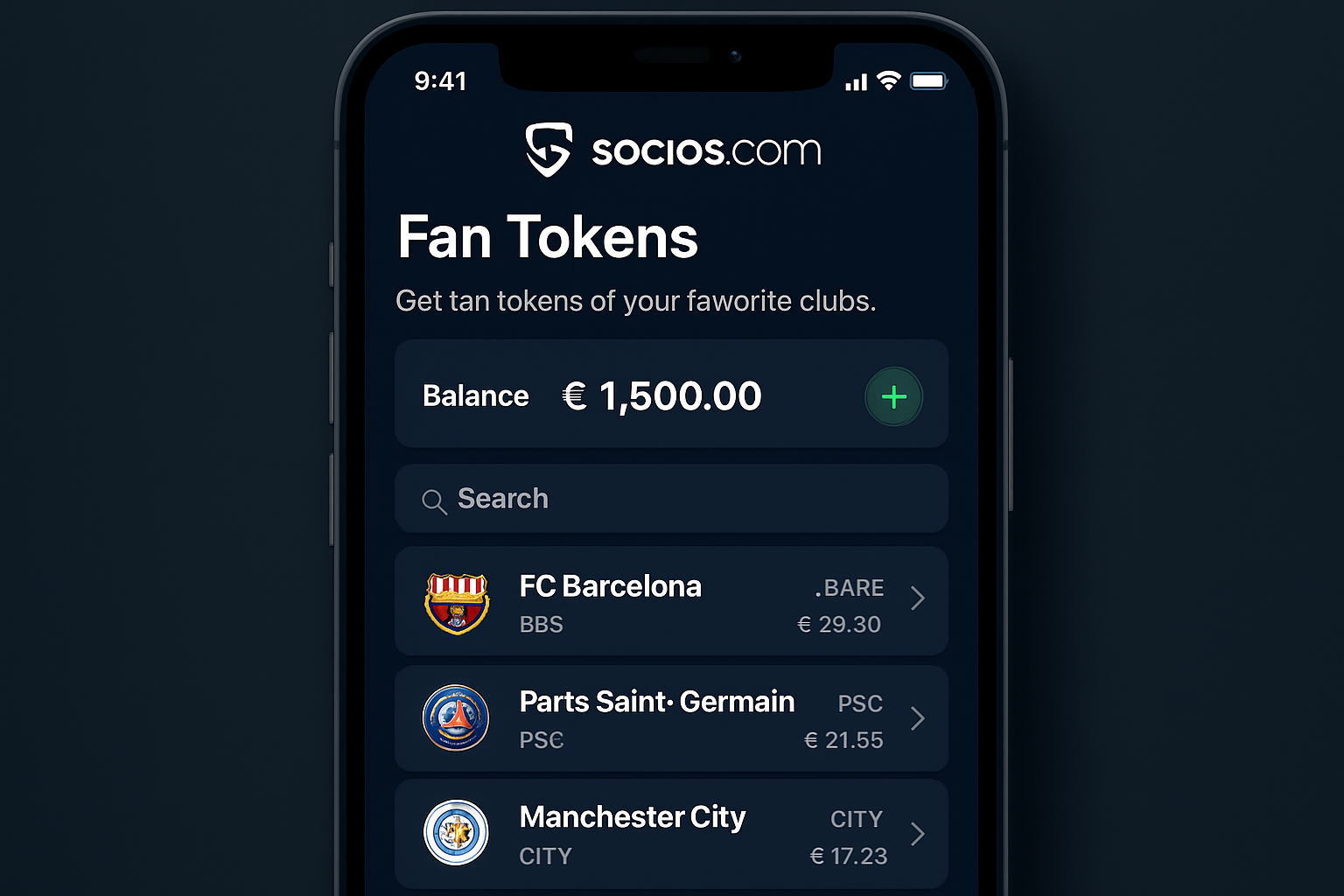 Socios.com app interface soccer fan tokens