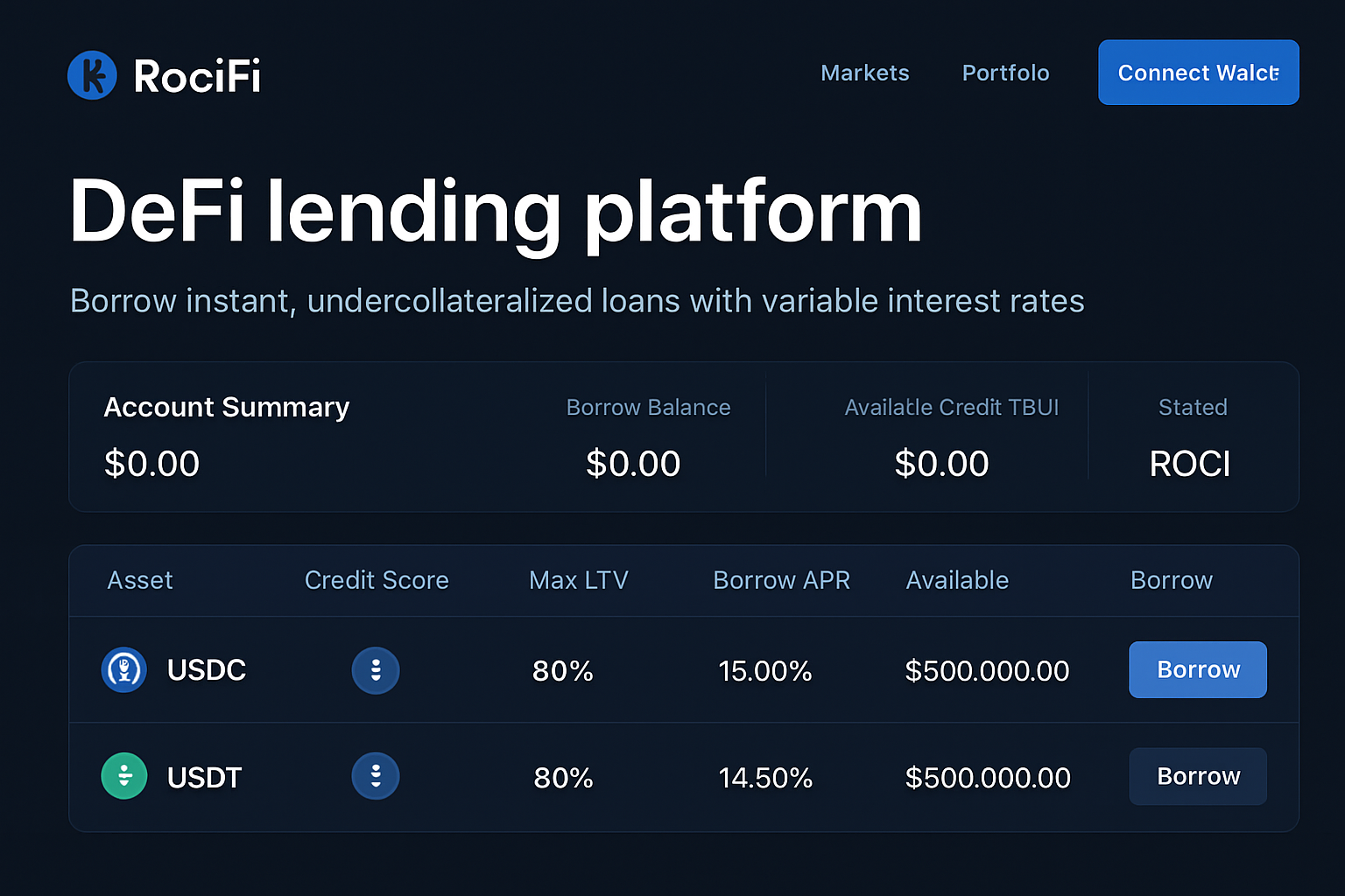 RociFi DeFi lending platform screenshot