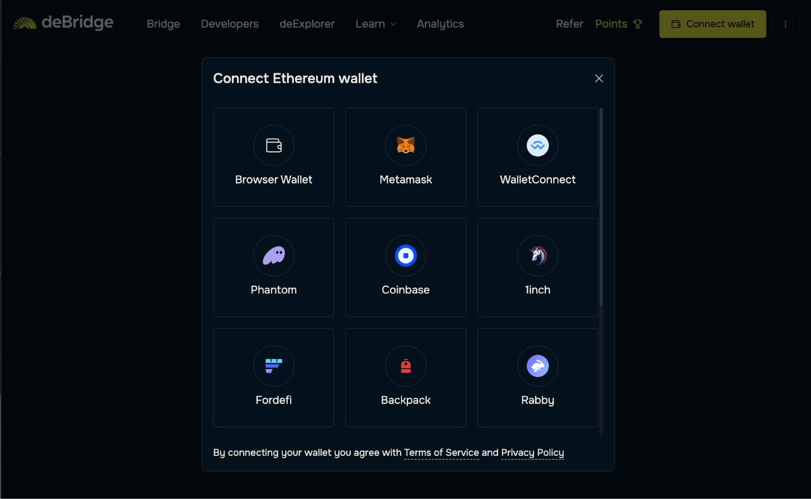 Selecting USDC token for bridging on deBridge interface
