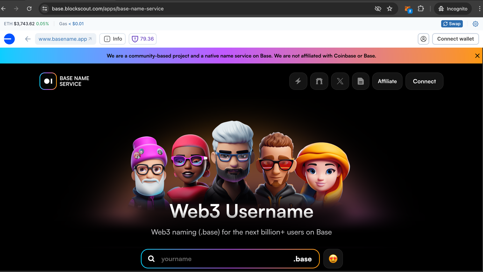 Base Name Service BNS registration interface
