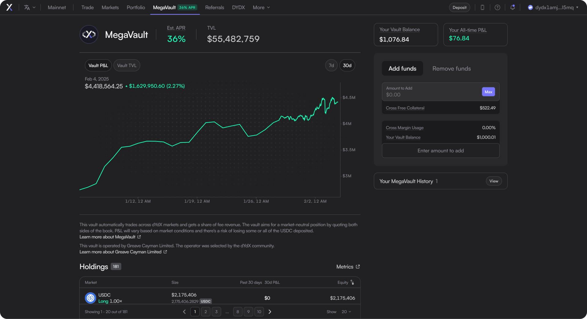 dYdX free deposit feature