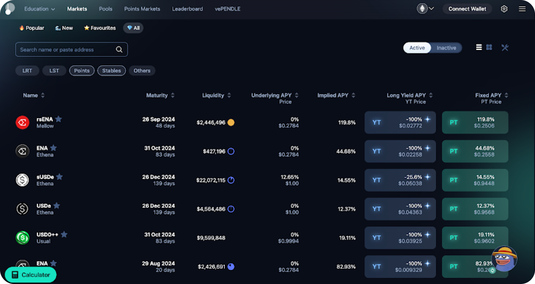 Pendle Finance USDT USDC yield vault dashboard