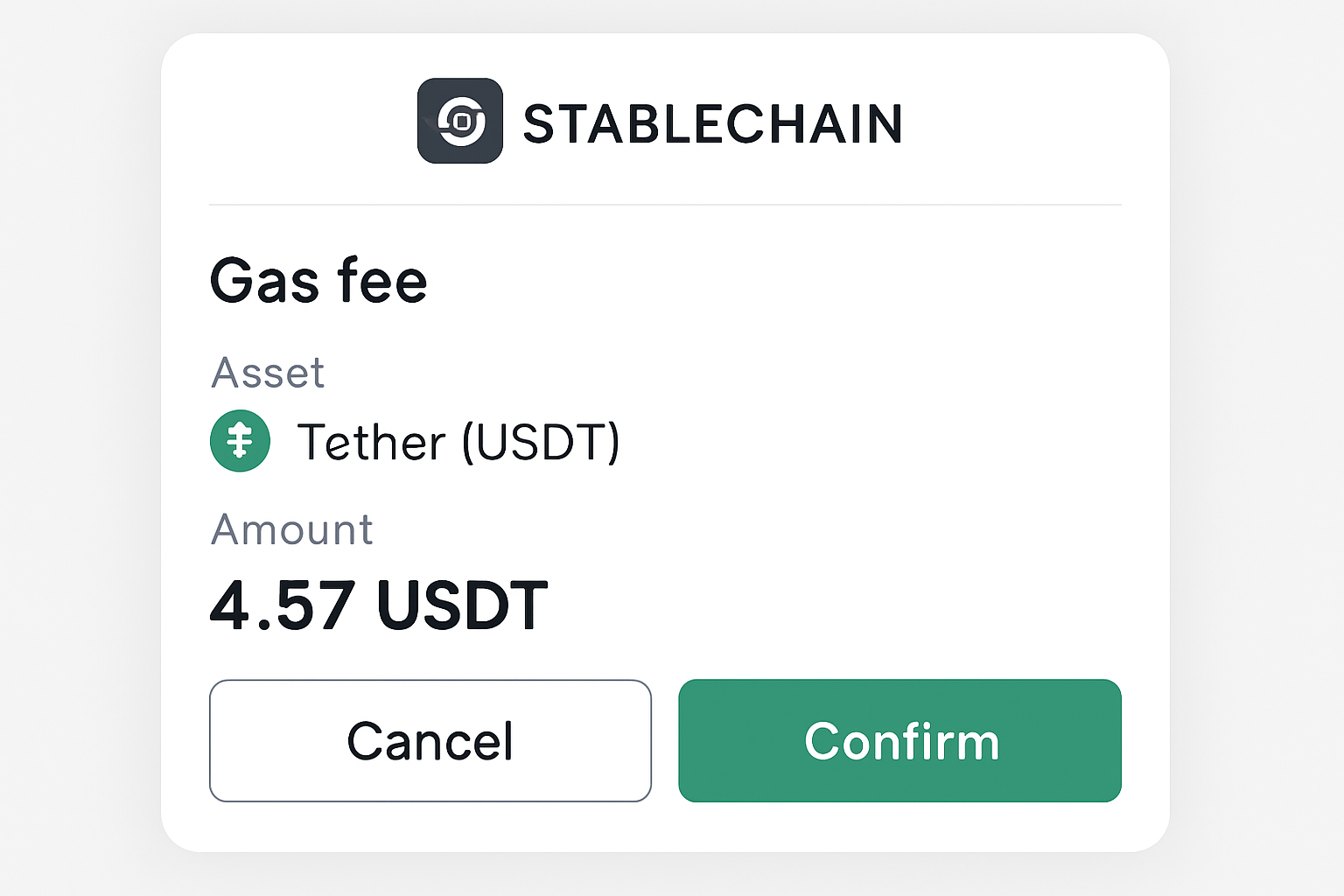 Stablechain USDT gas fee interface screenshot