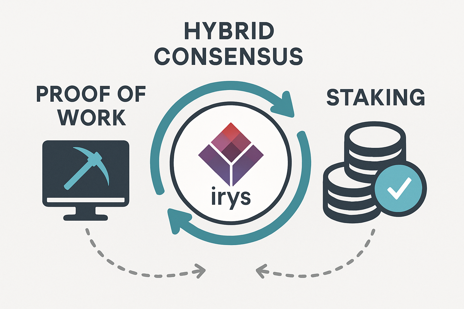 Irys hybrid consensus model Proof of Work and Staking