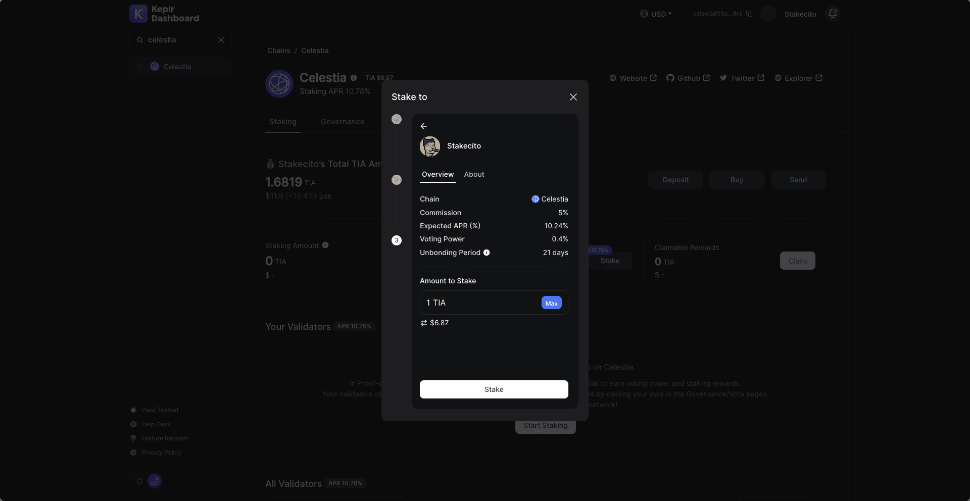 Celestia TIA staking dashboard
