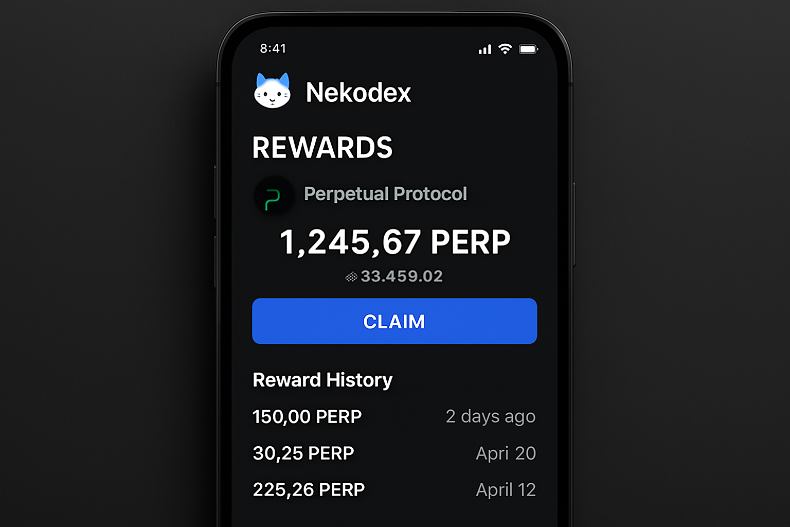 Nekodex app Perpetual Protocol rewards interface