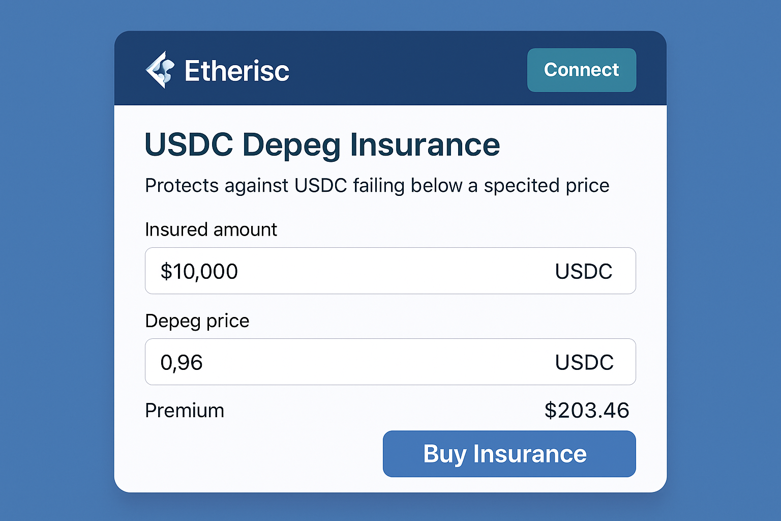 Etherisc USDC depeg insurance interface
