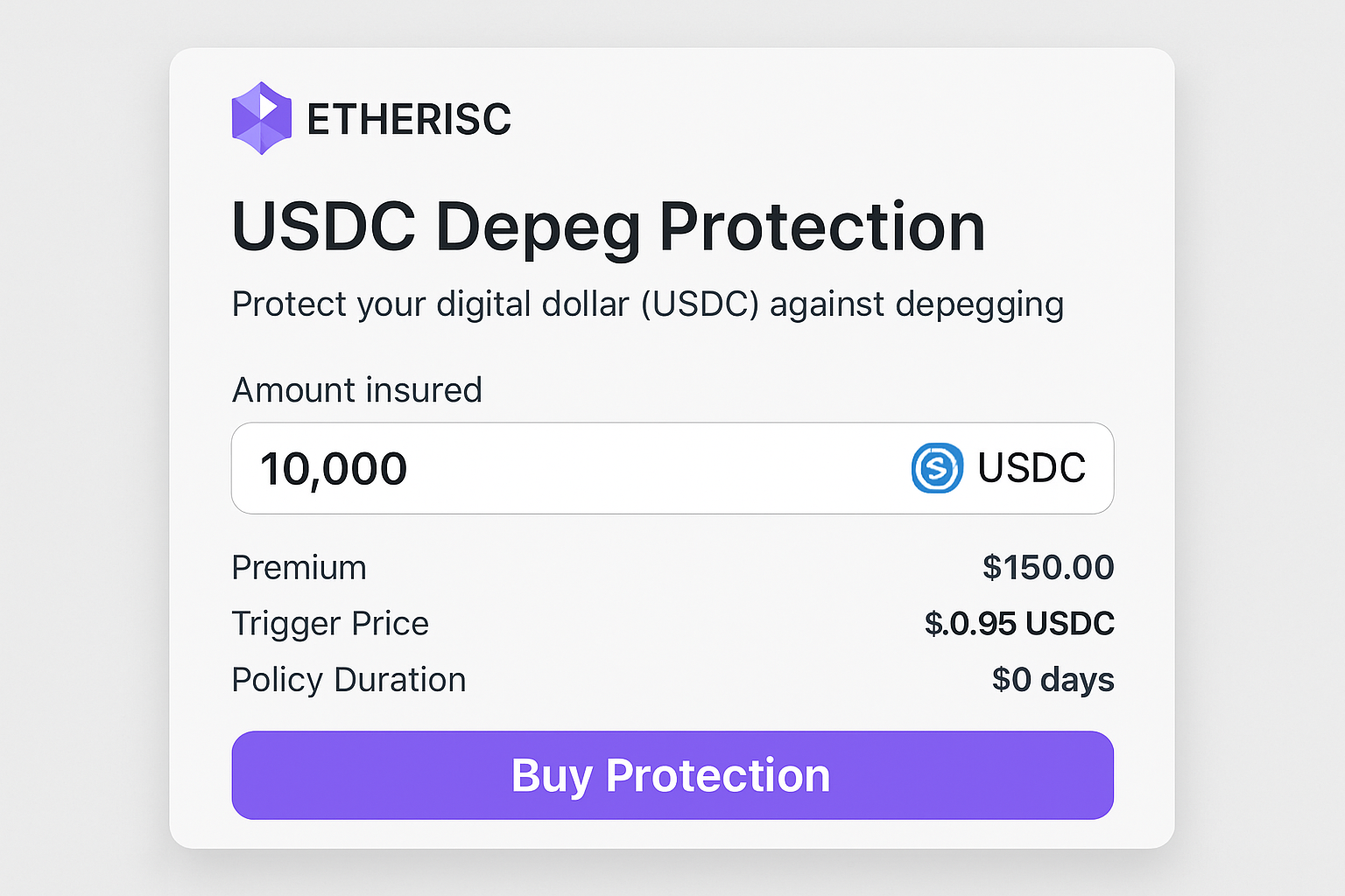 Etherisc USDC depeg protection interface