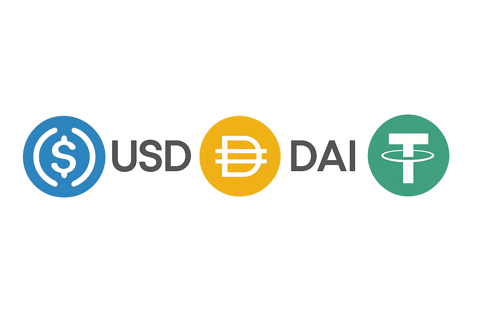 USDC, DAI, USDT stablecoin logos together