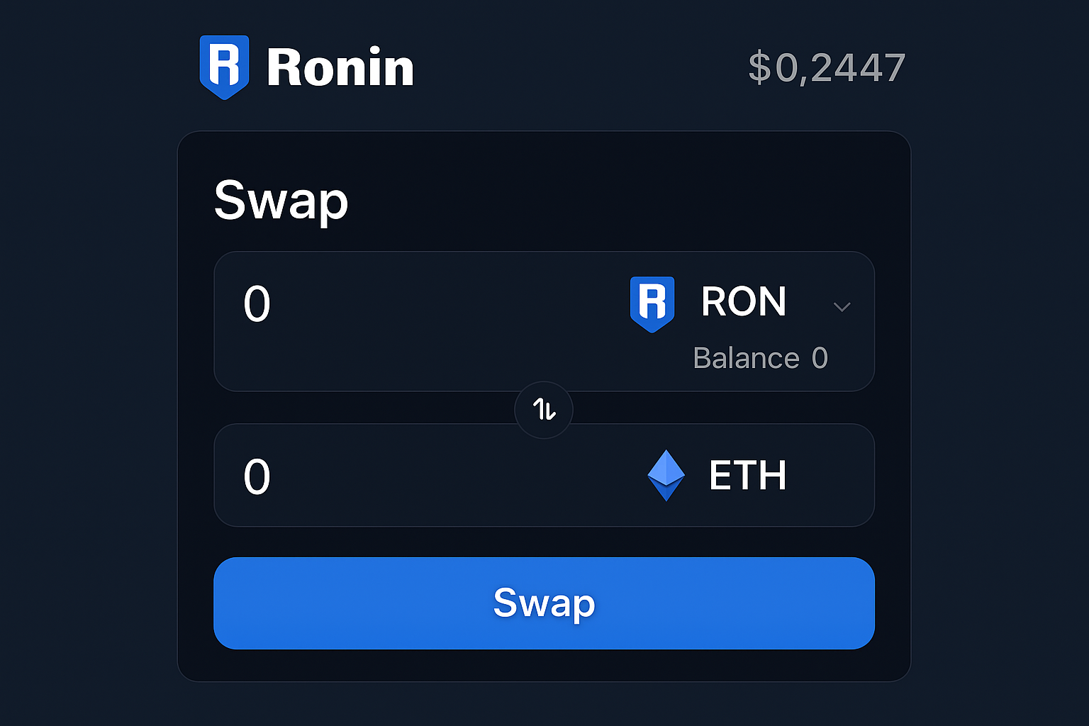 Ronin token swap interface showing $0.2447 RON price