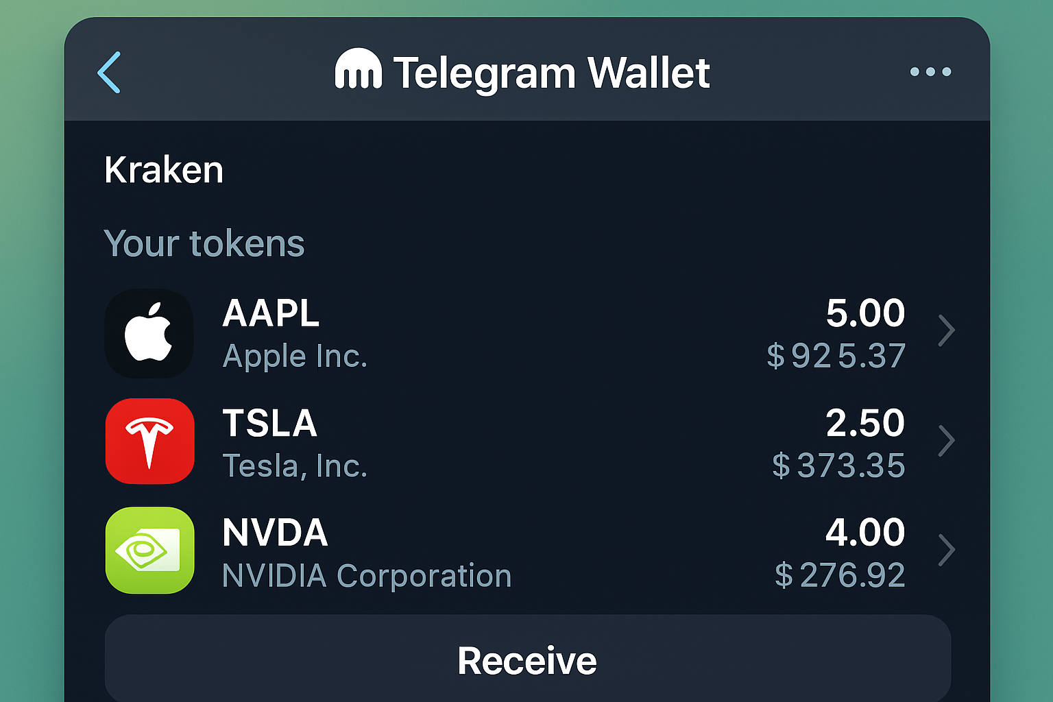 Telegram Wallet Kraken tokenized AAPL TSLA NVDA interface