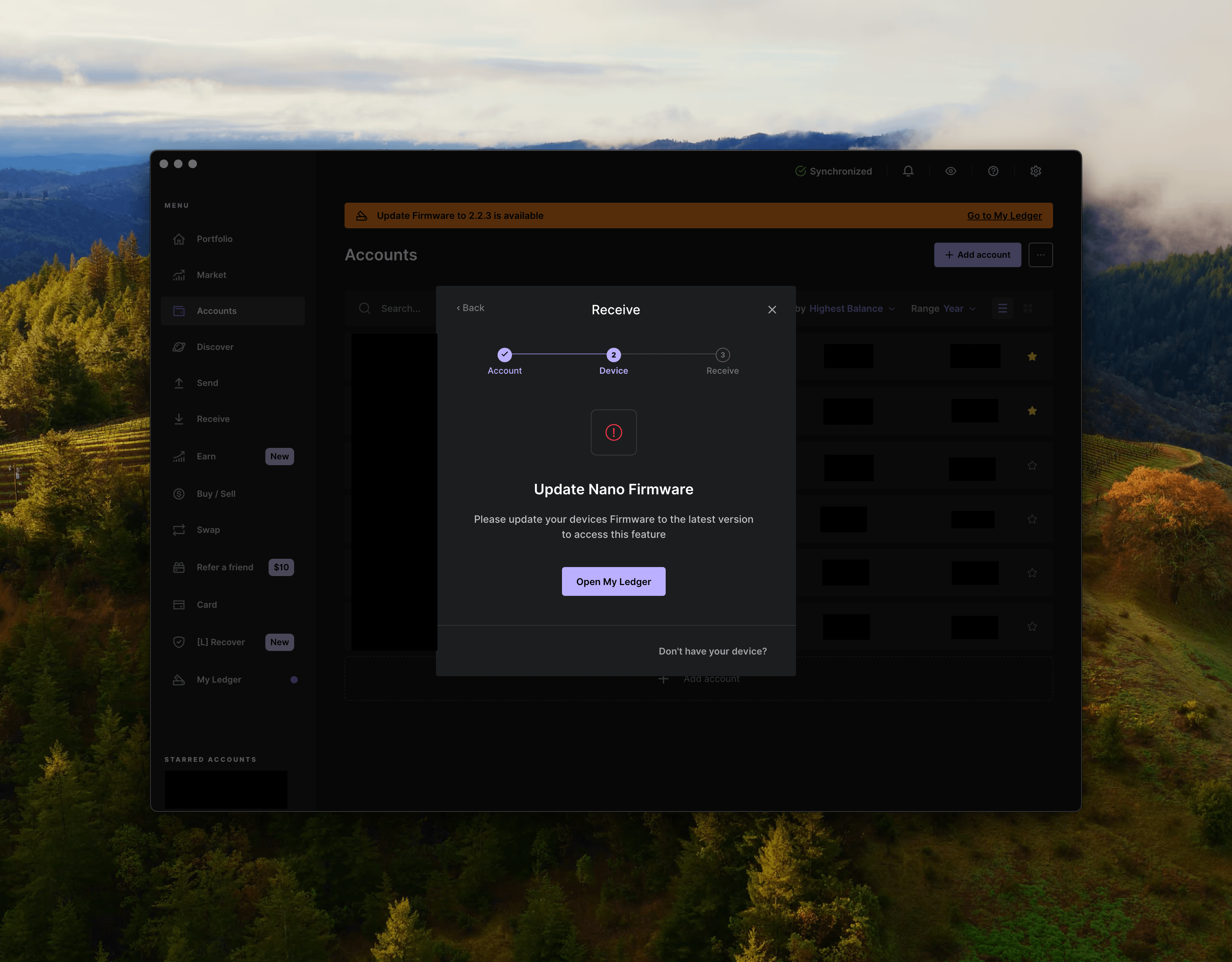 Ledger device firmware update screenshot