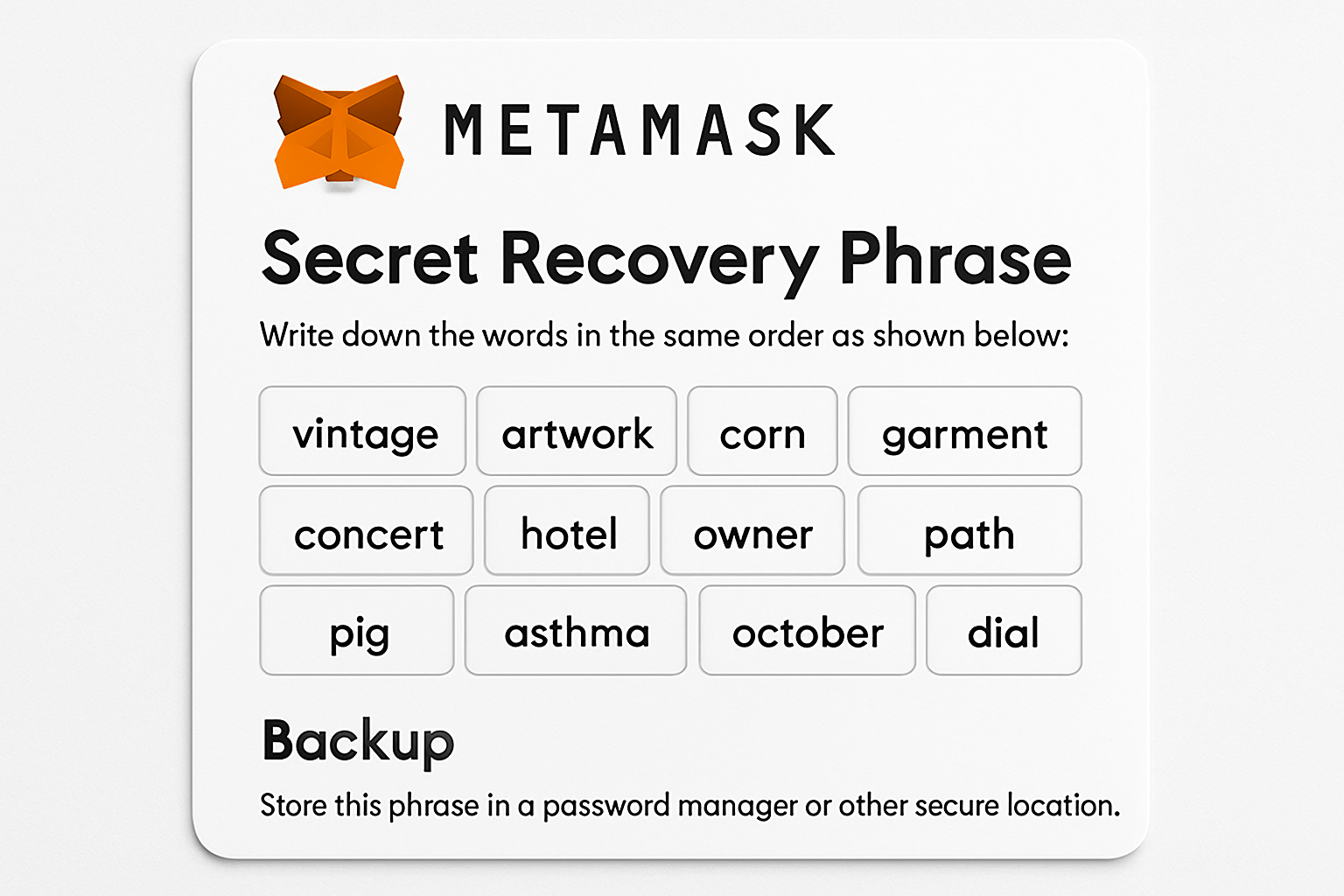 MetaMask Secret Recovery Phrase backup