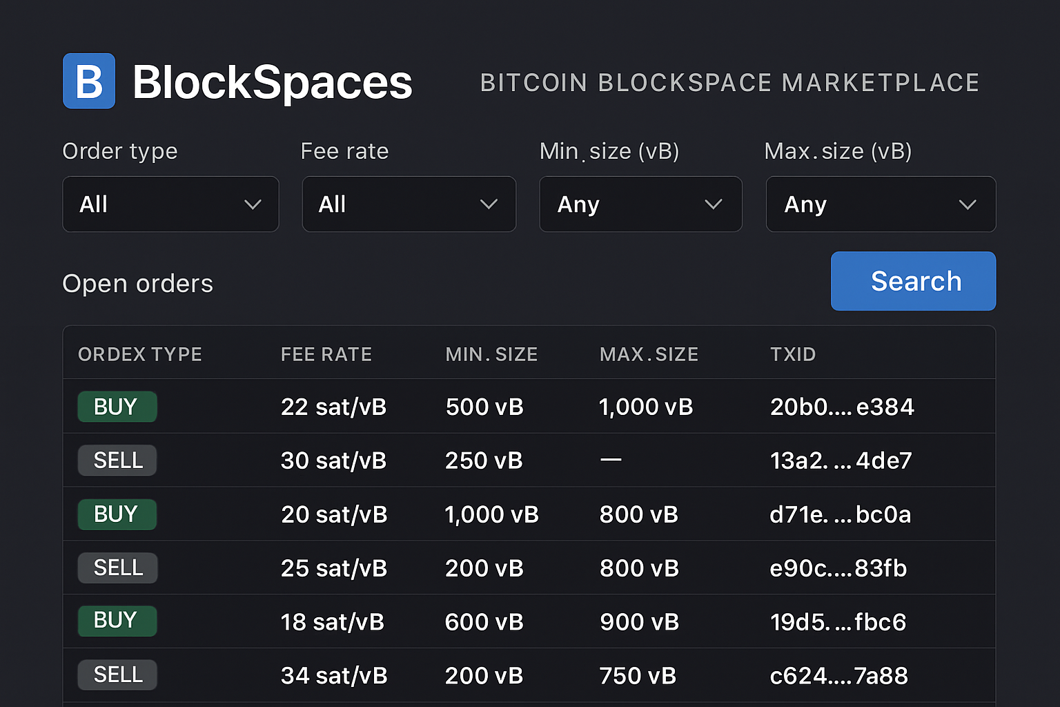 BlockSpaces Bitcoin blockspace marketplace interface