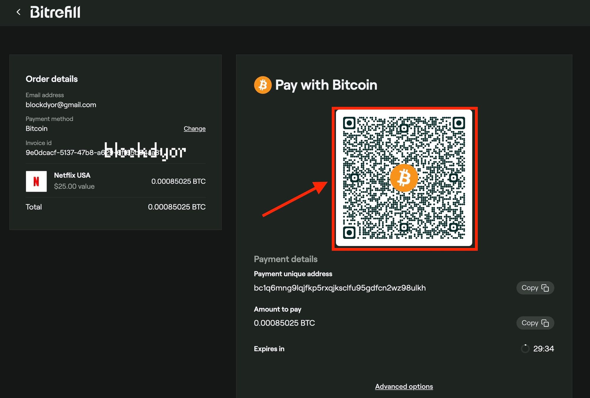 Bitrefill Pay virtual card dashboard