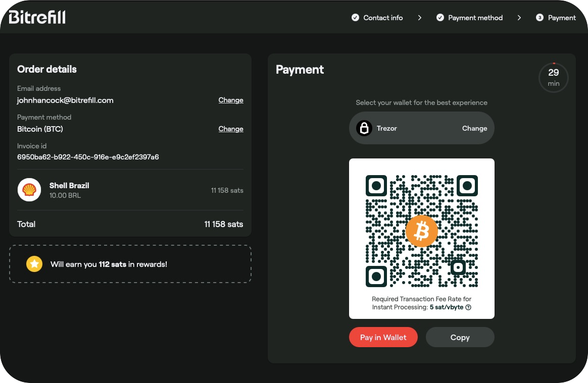 Bitrefill Pay Virtual Card interface