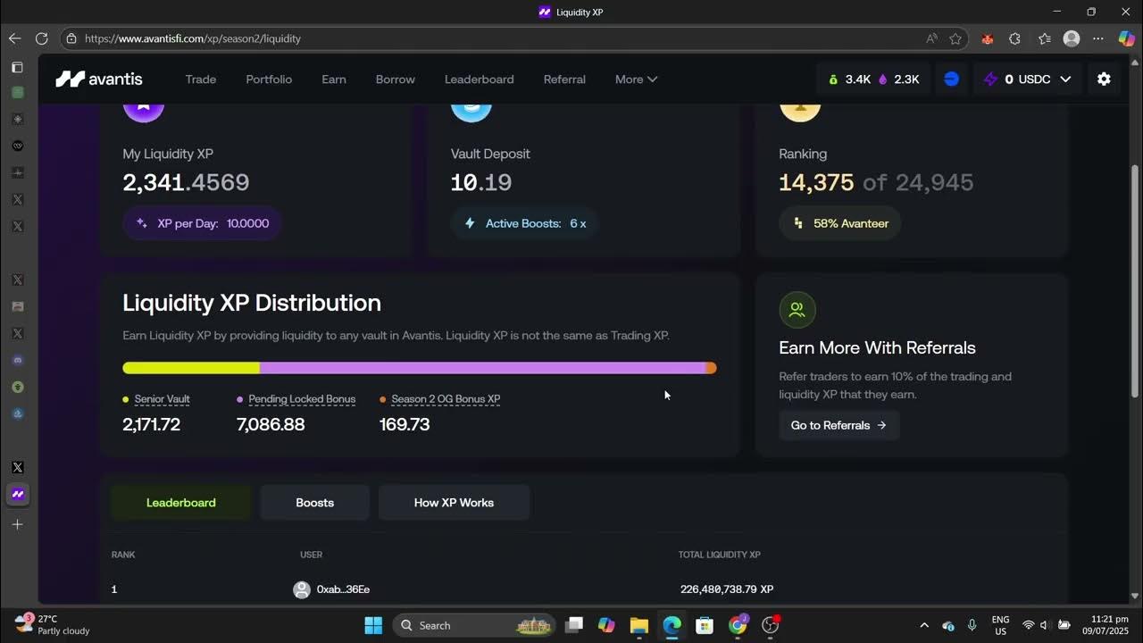 Avantis Base network DEX screenshot