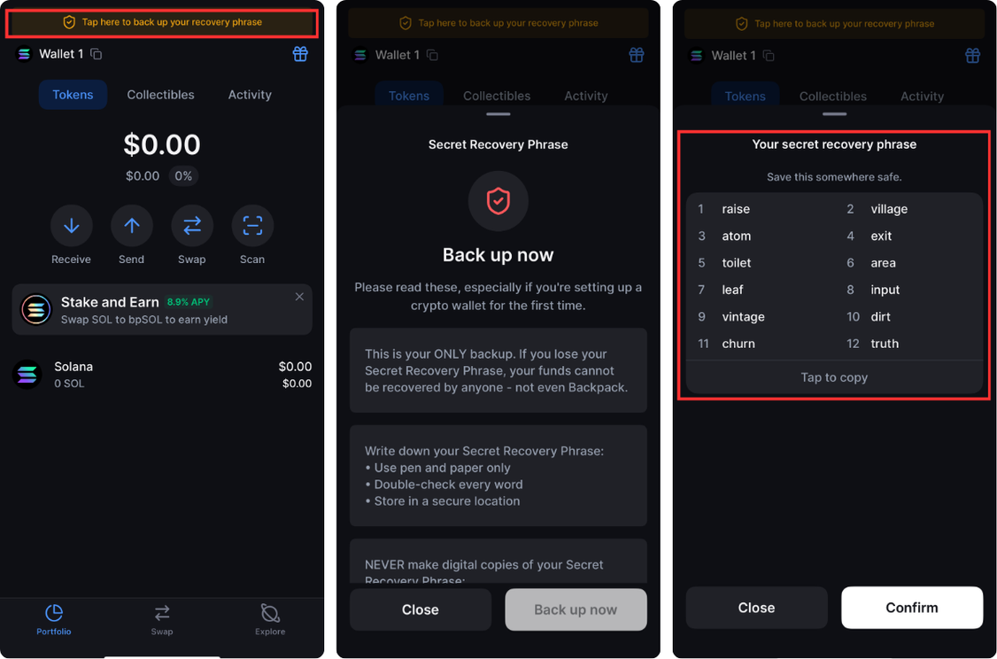 Creating a new Solana wallet and saving recovery phrase
