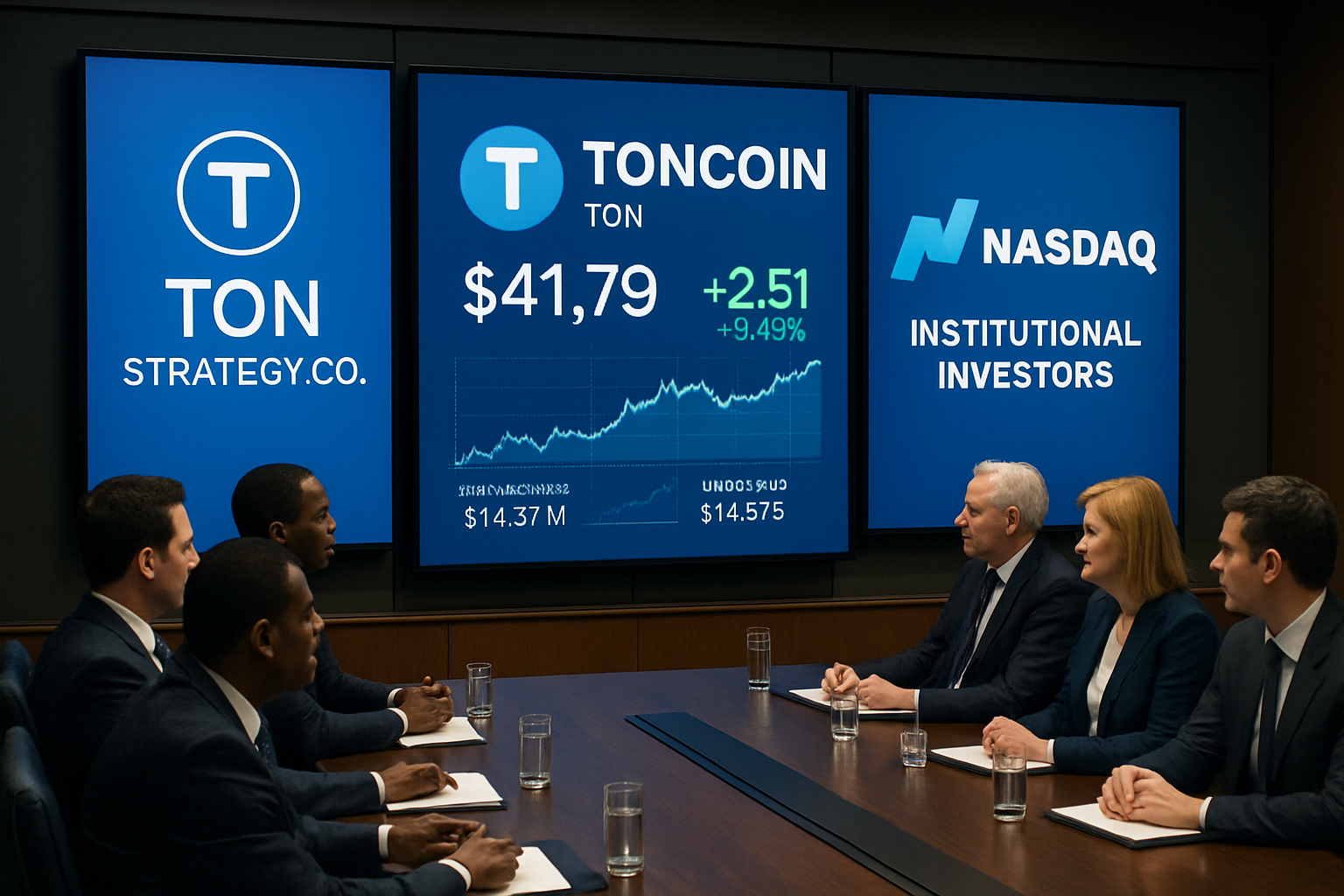 Modern boardroom with digital displays featuring Toncoin logo and NASDAQ market charts, representing institutional crypto adoption by TON Strategy Co.
