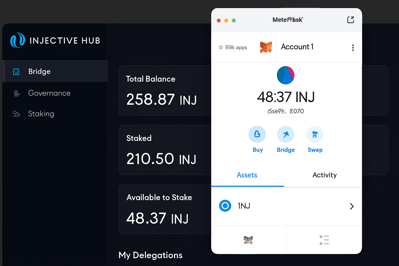 Browser screenshot displaying MetaMask extension open next to Injective Hub dashboard for step-by-step setup guide