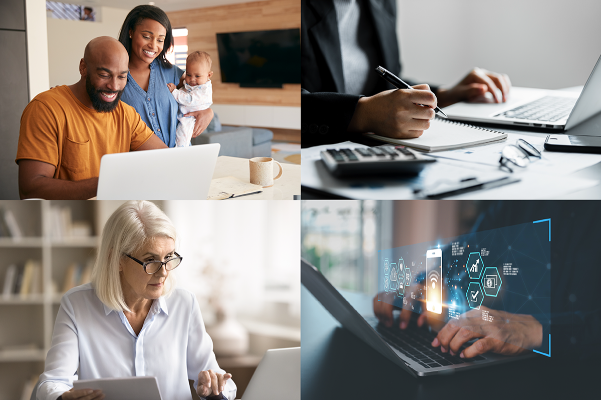Business team reviewing digital asset banking documents on laptops in a modern office, discussing crypto business account setup in 2024.