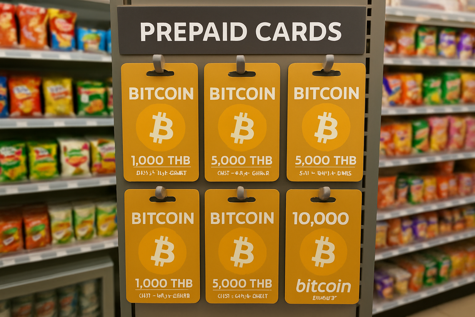 Bangkok convenience store with Bitcoin prepaid cards on display at the checkout counter, illustrating Moon Inc.'s crypto rollout in Asia