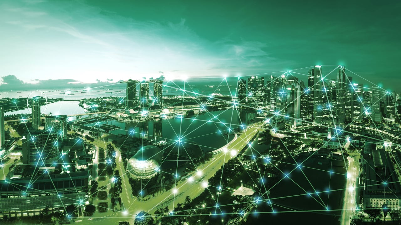Bustling cityscape with Helium 5G hotspots connecting people and IoT devices, illustrating decentralized wireless network expansion