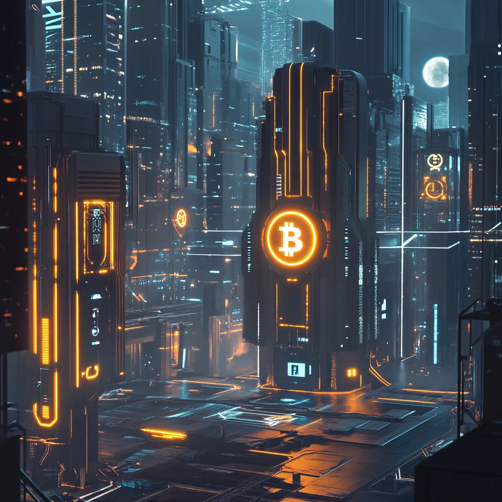 Bustling cityscape with Helium hotspots and Solana logos representing decentralized wireless network coverage