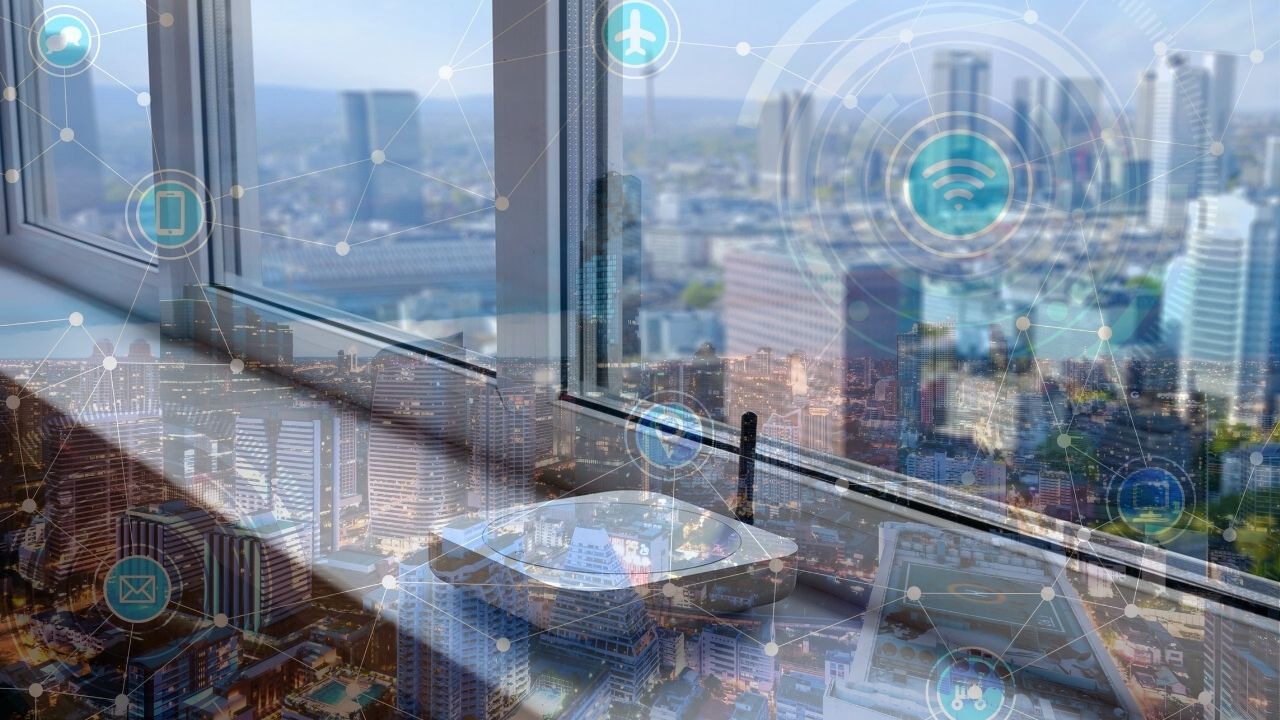 Smart city skyline at dusk illuminated by Helium 5G hotspots and IoT devices, showcasing decentralized wireless connectivity for urban innovation