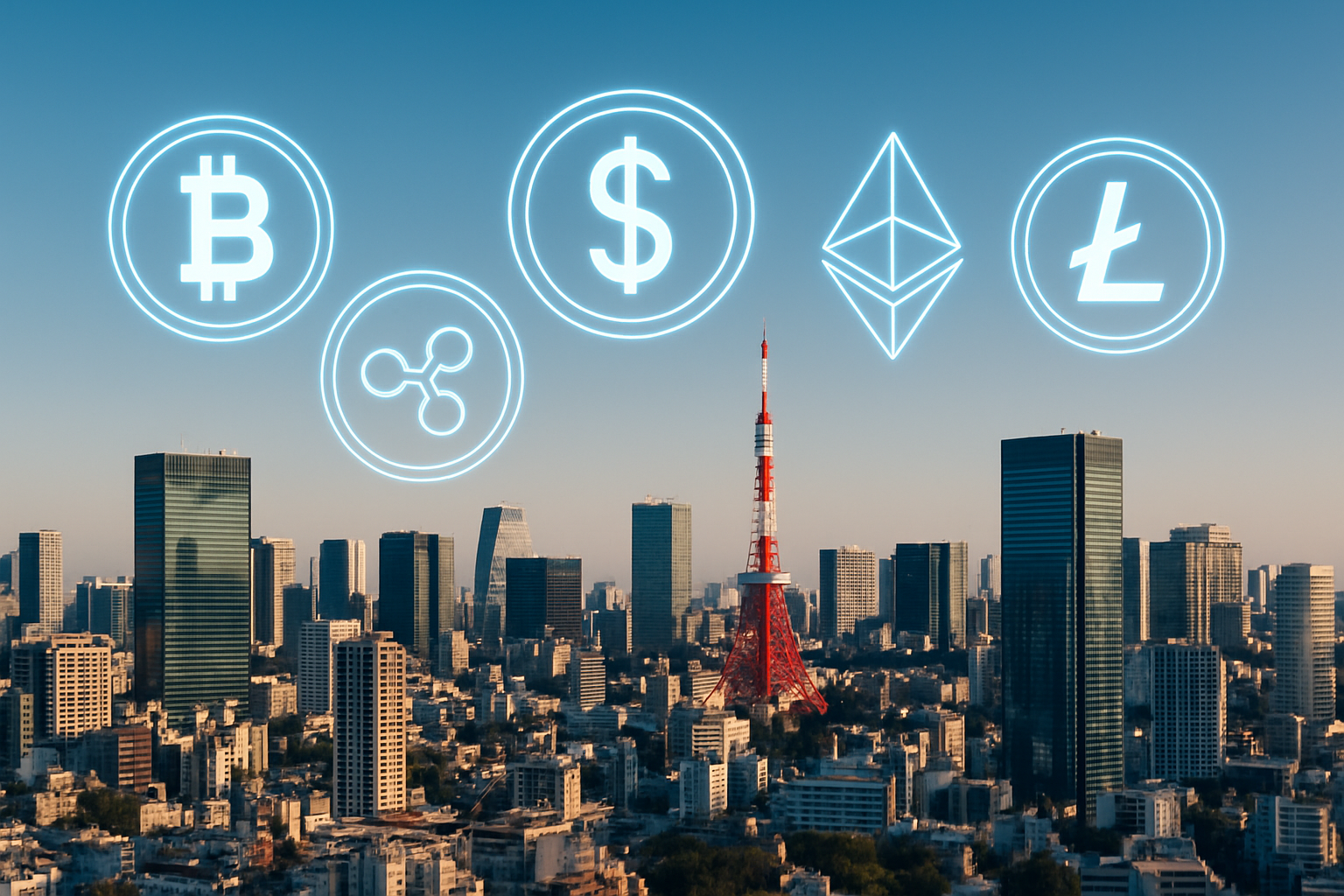 Tokyo financial district skyline with digital asset icons overlay, representing Japan's evolving crypto banking regulations and institutional adoption