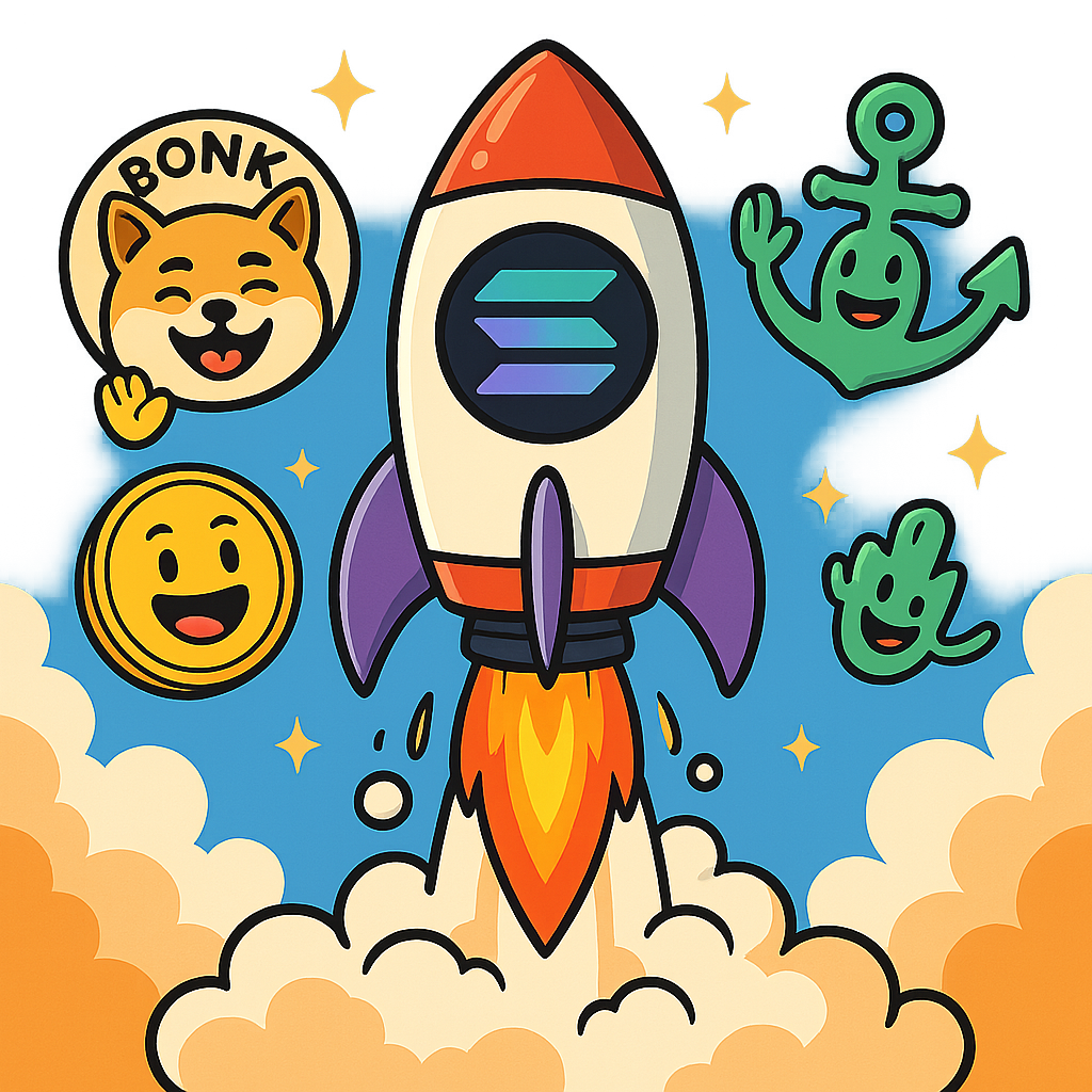 Cartoon rocket with Solana logo blasting off, surrounded by meme coins like BONK, representing Anchor Framework, community engagement, and viral success on Solana.