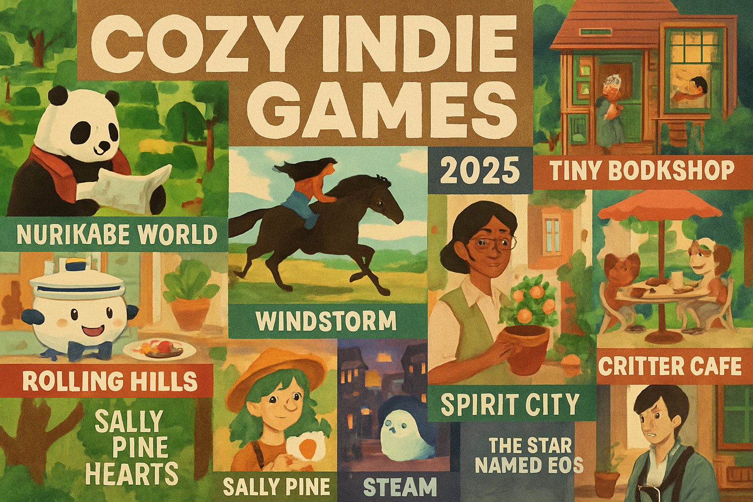 Collage of artwork from 2025's most anticipated cozy indie games on Steam, featuring Nurikabe World, Windstorm: The Legend of Khiimori, Tiny Bookshop, Rolling Hills: Make Sushi Make Friends, Botany Manor, Critter Café, Sally, Pine Hearts, Spirit City: Lofi Sessions, and The Star Named EOS.